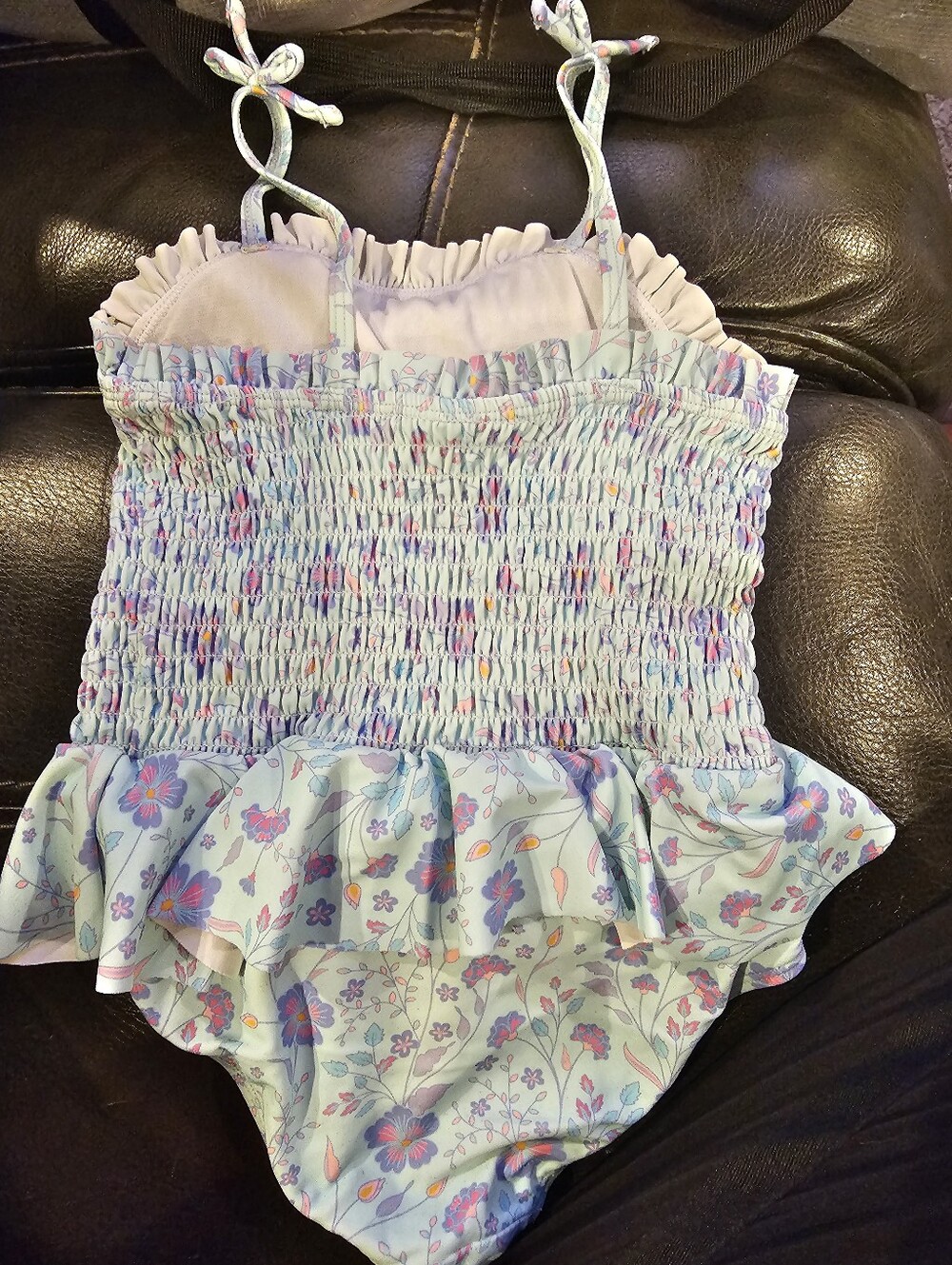 Rufflebutt Toddler Girls' Floral Light Blue Ruffled One-Piece Swimsuit. Like New - Picture 3 of 4
